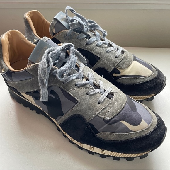 Valentino Garavani Rockstud Camouflage Suede Trainer Sneakers Blue Gray 44 11
